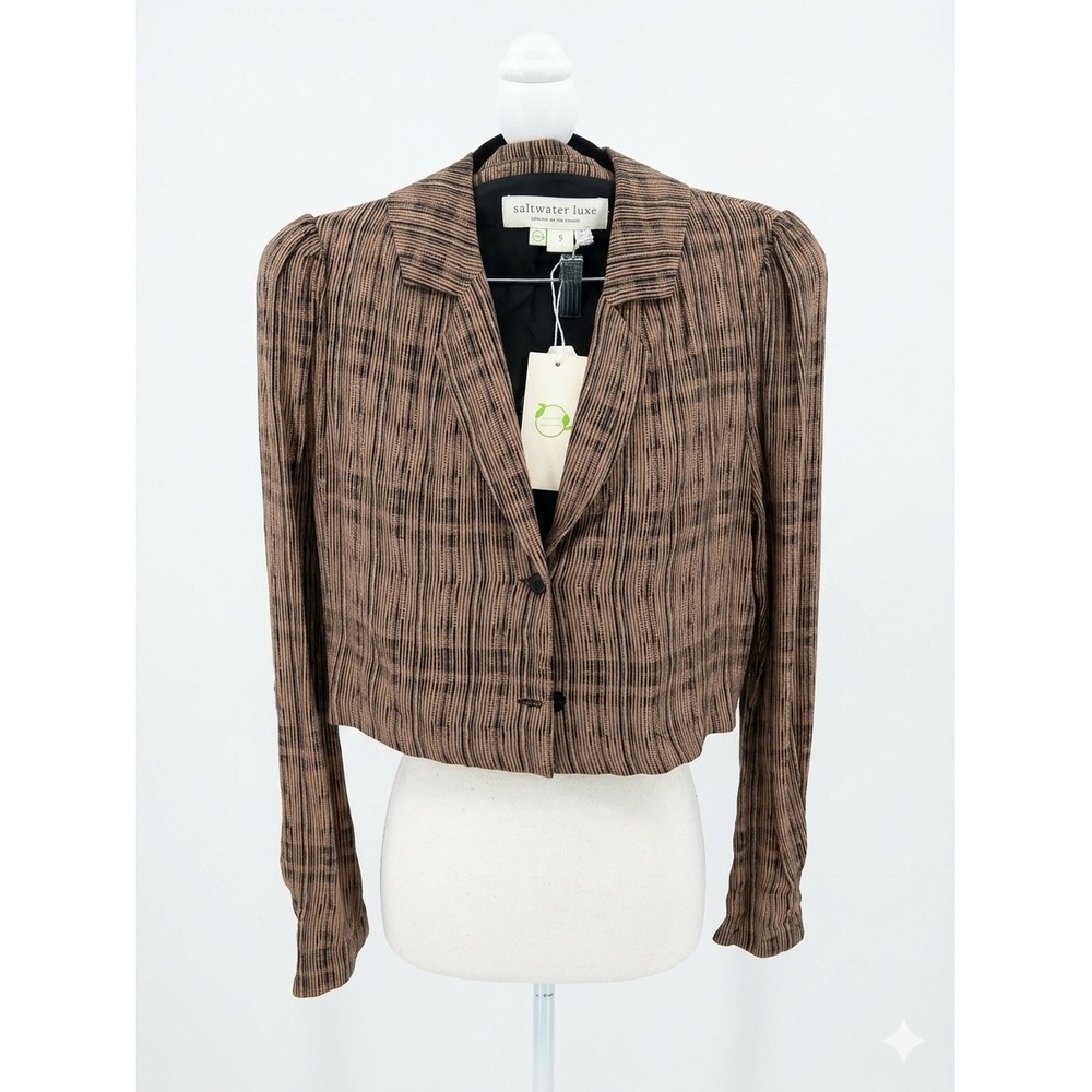 Saltwater Luxe Cropped Blazer Jacket Latte Brown Black Striped Puff Sleeve S NEW
